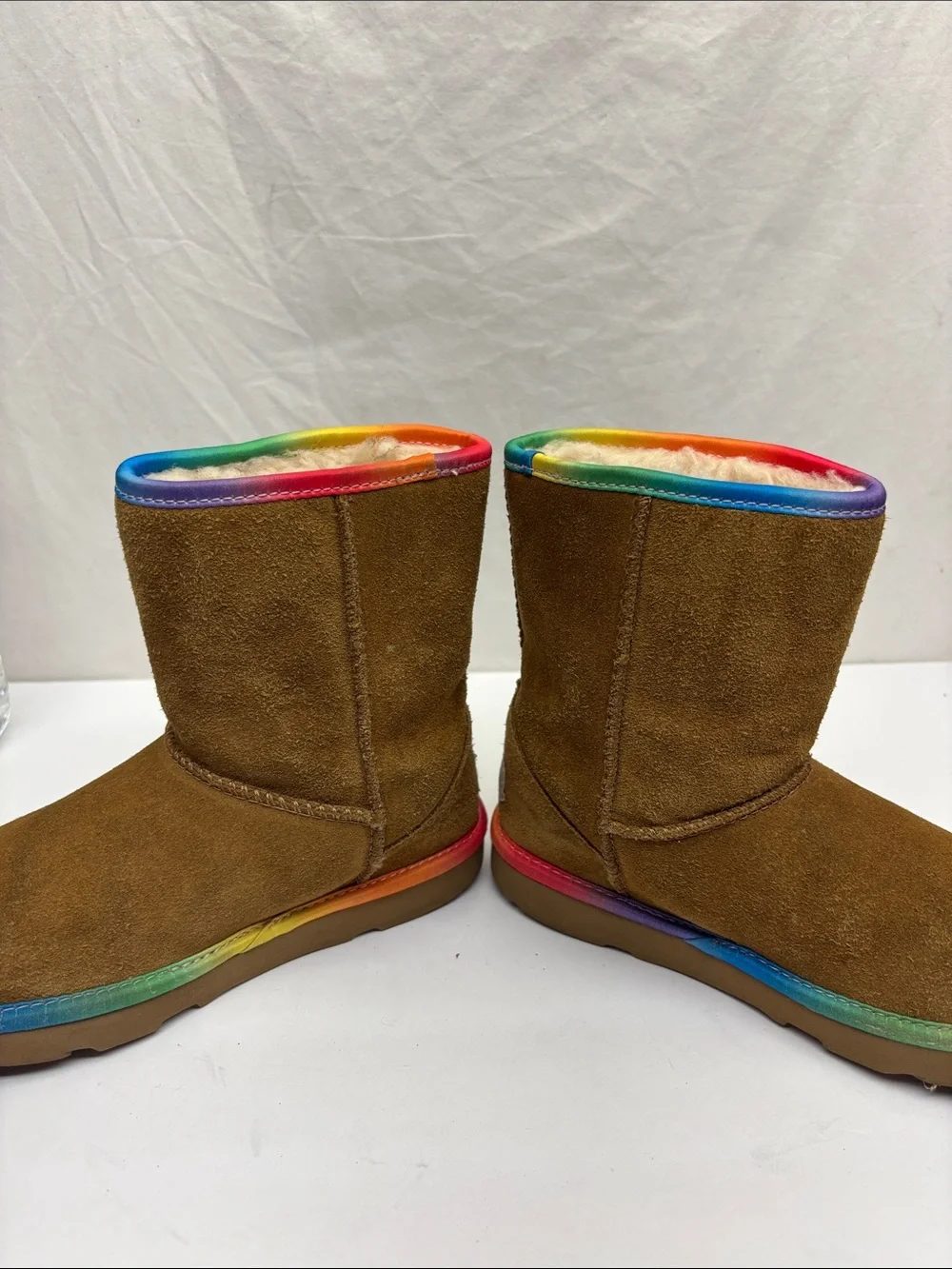 UGG Kids Brown Suede Boots with Rainbow Trim, sz 1 little girl, box 35